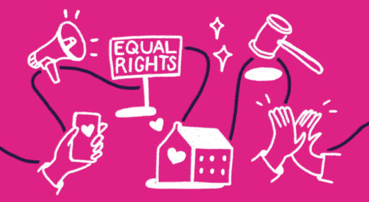 Various illustrations in a hand-drawn style on a timeline. From left to right: a hand holding a phone, a speakerphone, a placard reading 'equal rights', a house with a heart on it, a lawyer's gavel, and two hands high fiving. All on a pink background.